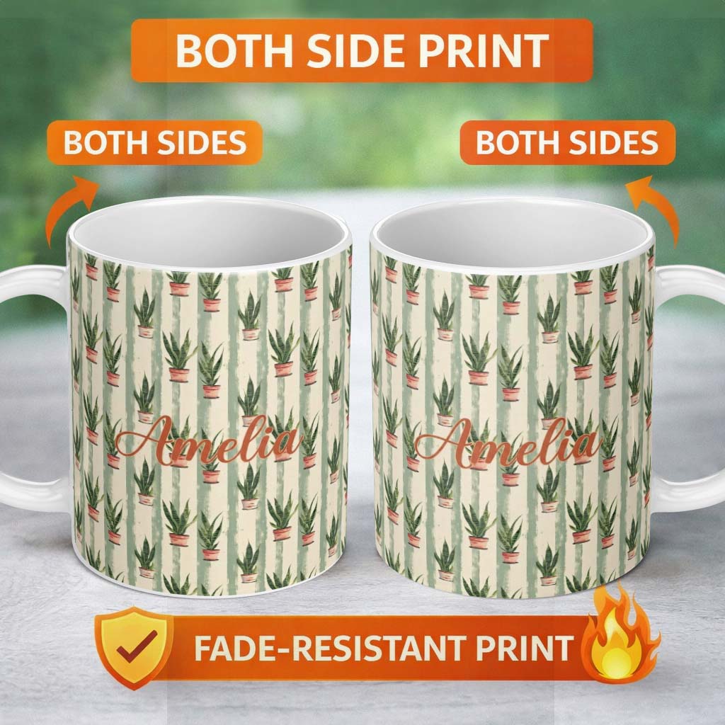 Personalized Custom Name Vintage Snake Plant Pots with Soft Striped Background Seamless 11oz Ceramic Coffee Tea Mug White Large Handle