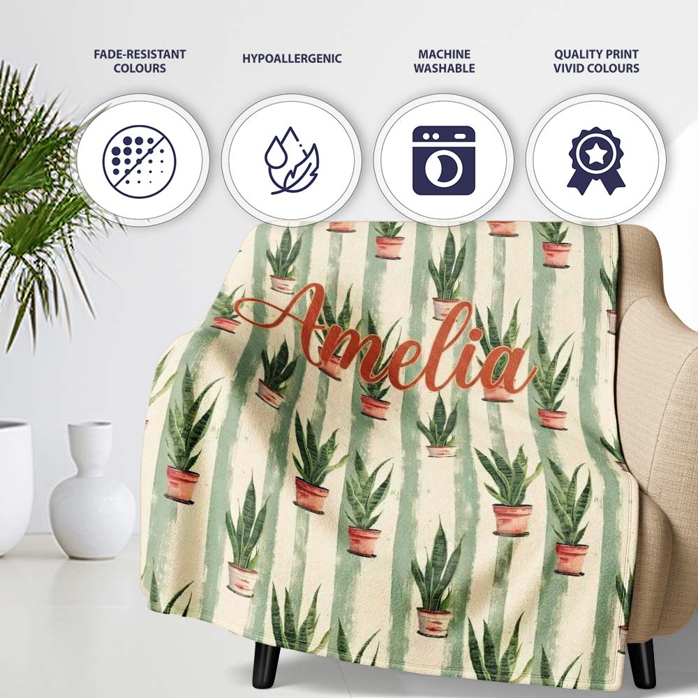 Vintage Snake Plant Pots with Soft Striped Background Seamless Personalised Custom Name Super Soft Fleece Blanket Bed Sofa Throw