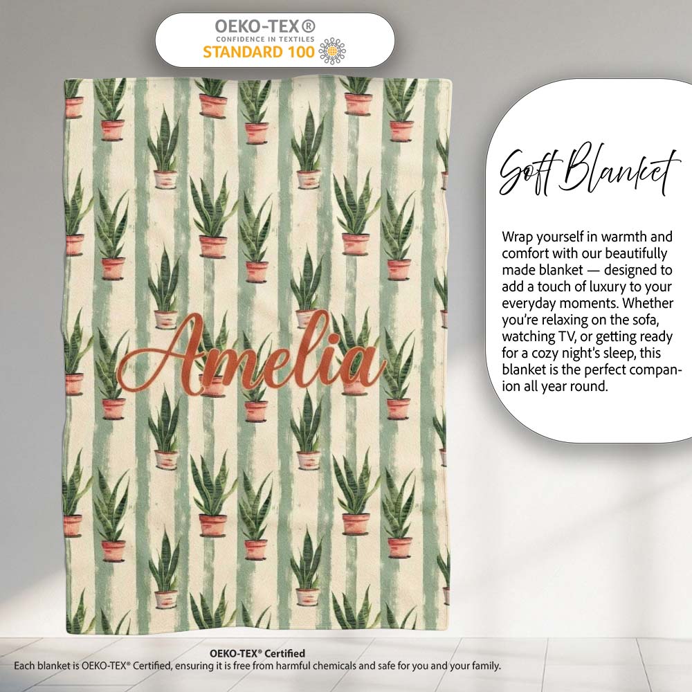 Vintage Snake Plant Pots with Soft Striped Background Seamless Personalised Custom Name Super Soft Fleece Blanket Bed Sofa Throw