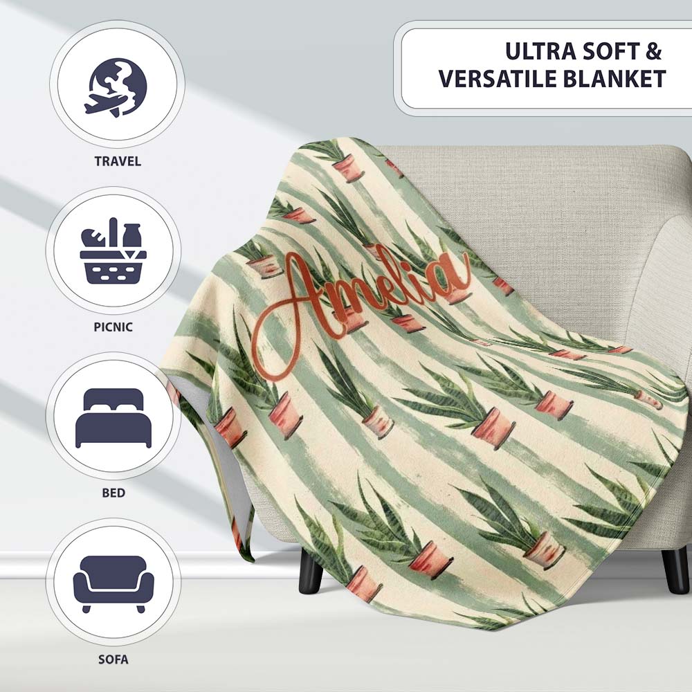 Vintage Snake Plant Pots with Soft Striped Background Seamless Personalised Custom Name Super Soft Fleece Blanket Bed Sofa Throw