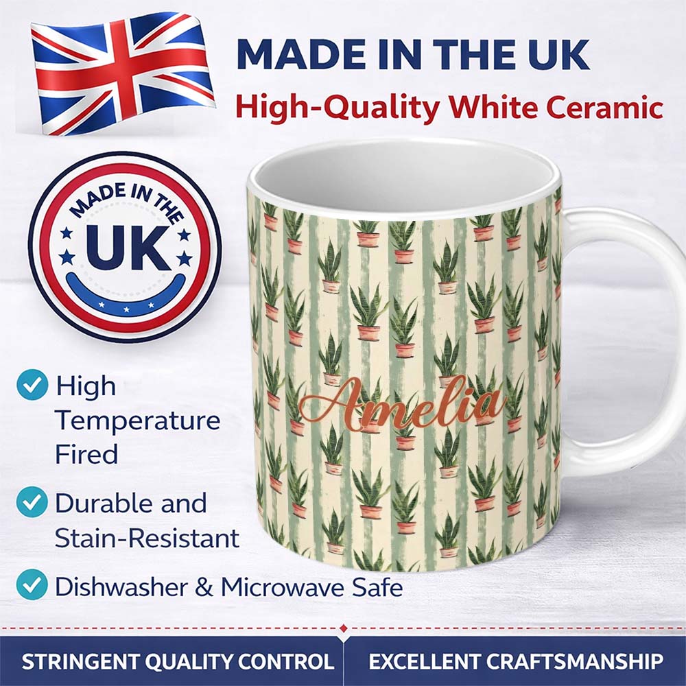 Personalized Custom Name Vintage Snake Plant Pots with Soft Striped Background Seamless 11oz Ceramic Coffee Tea Mug White Large Handle