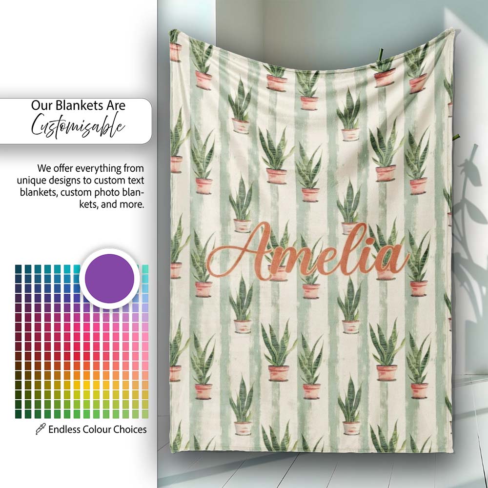 Vintage Snake Plant Pots with Soft Striped Background Seamless Personalised Custom Name Super Soft Fleece Blanket Bed Sofa Throw