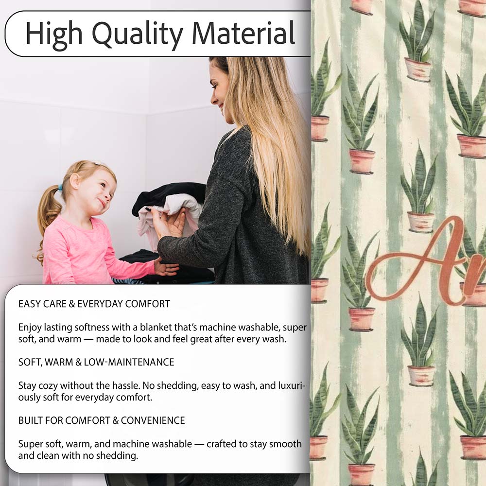 Vintage Snake Plant Pots with Soft Striped Background Seamless Personalised Custom Name Super Soft Fleece Blanket Bed Sofa Throw
