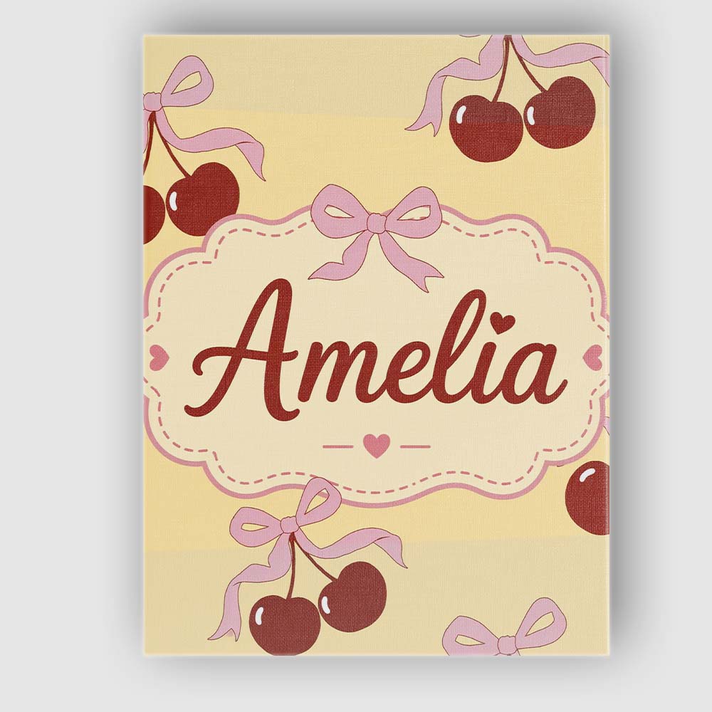 Personalised Name Cherry Bow Ribbon Cute Golden Beige Soft Background Custom Home Unique Canvas Wall Art Print Decor Picture Ready to Hang