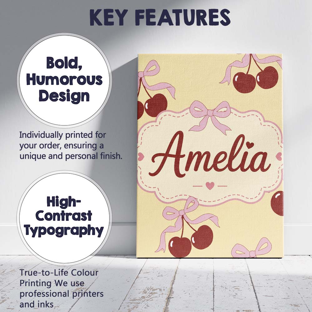 Personalised Name Cherry Bow Ribbon Cute Golden Beige Soft Background Custom Home Unique Canvas Wall Art Print Decor Picture Ready to Hang