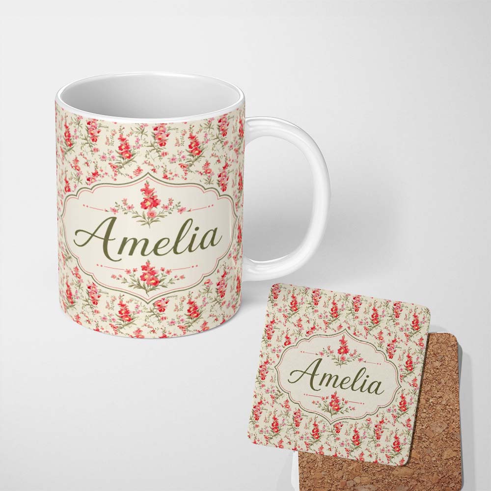 Personalized Custom Name Elegant Red Floral Bouquets on Soft Cream Background Seamless 11oz Ceramic Coffee Tea Mug White Large Handle