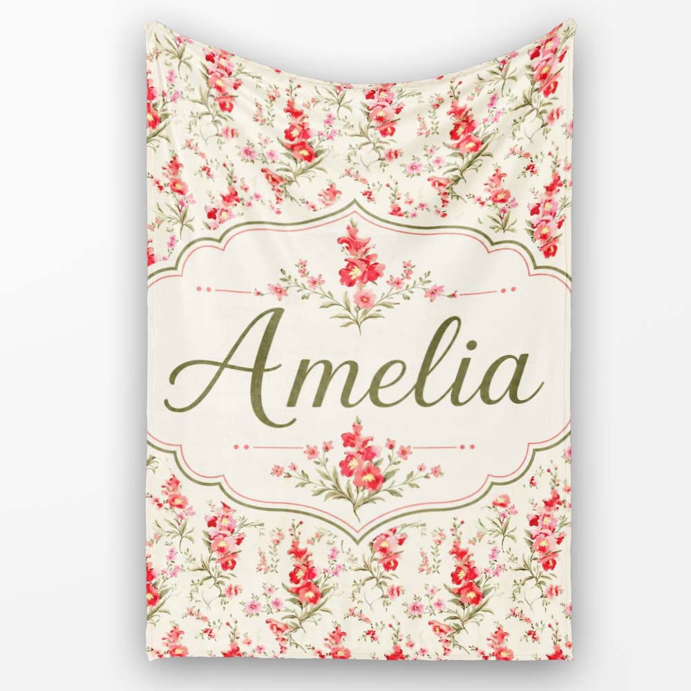 Elegant Red Floral Bouquets on Soft Cream Background Seamless Personalised Custom Name Super Soft Fleece Blanket Bed Sofa Throw