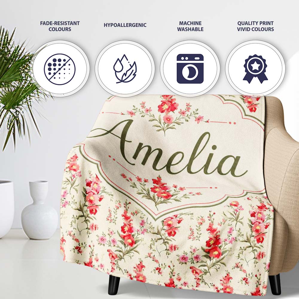 Elegant Red Floral Bouquets on Soft Cream Background Seamless Personalised Custom Name Super Soft Fleece Blanket Bed Sofa Throw