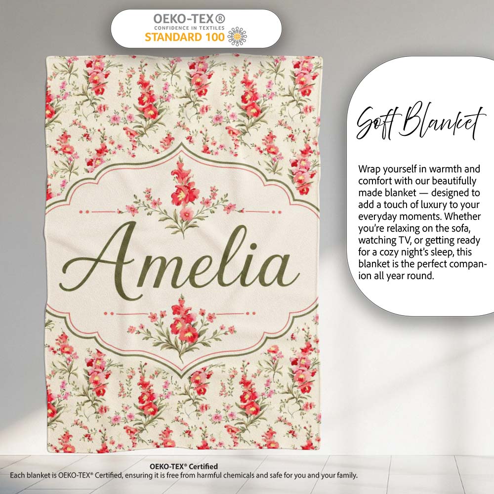 Elegant Red Floral Bouquets on Soft Cream Background Seamless Personalised Custom Name Super Soft Fleece Blanket Bed Sofa Throw