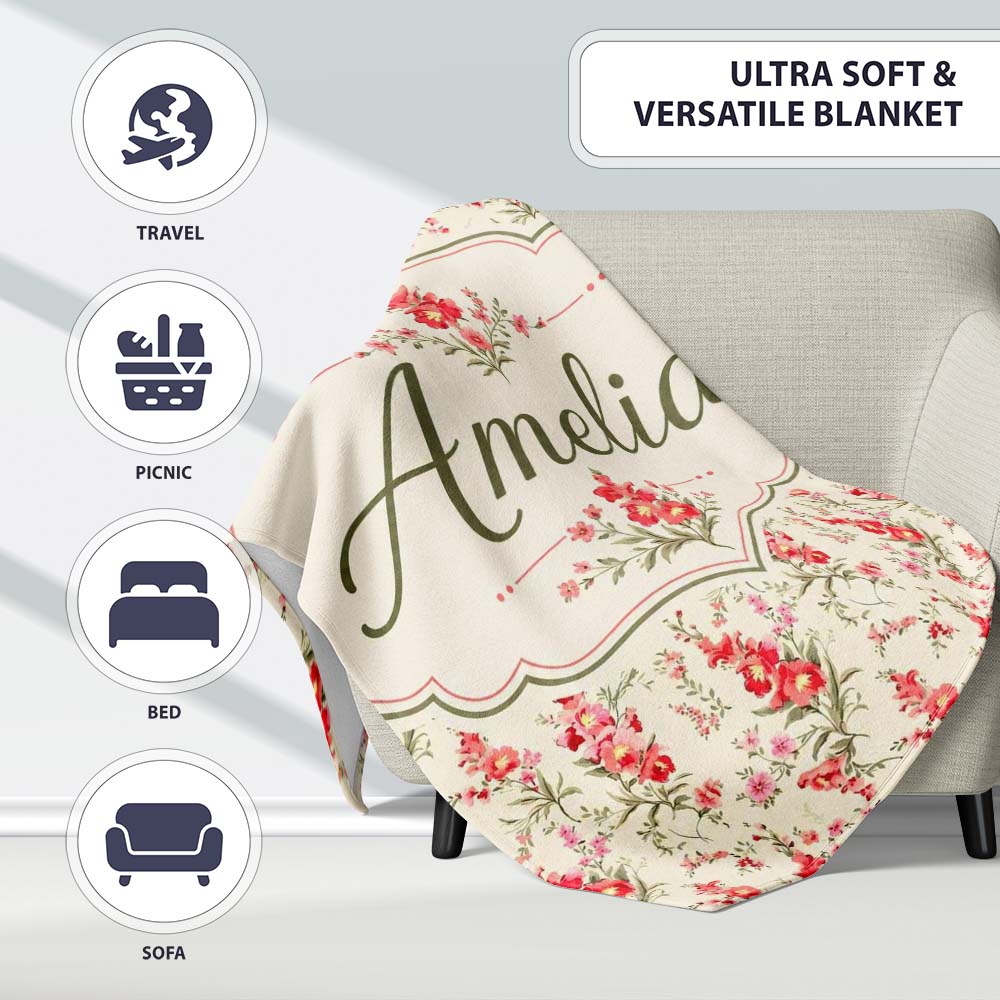 Elegant Red Floral Bouquets on Soft Cream Background Seamless Personalised Custom Name Super Soft Fleece Blanket Bed Sofa Throw