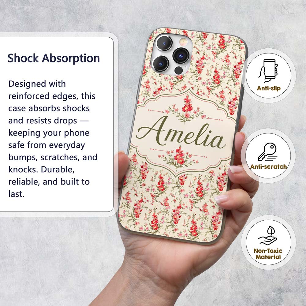 Elegant Red Floral Bouquets on Printed Design Custom Name Protective Phone Case Mobile Cover Durable Everyday Smartphone Shock Resistant