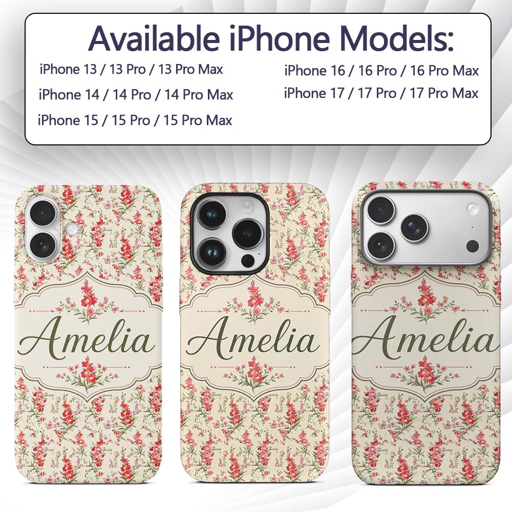 Elegant Red Floral Bouquets on Printed Design Custom Name Protective Phone Case Mobile Cover Durable Everyday Smartphone Shock Resistant