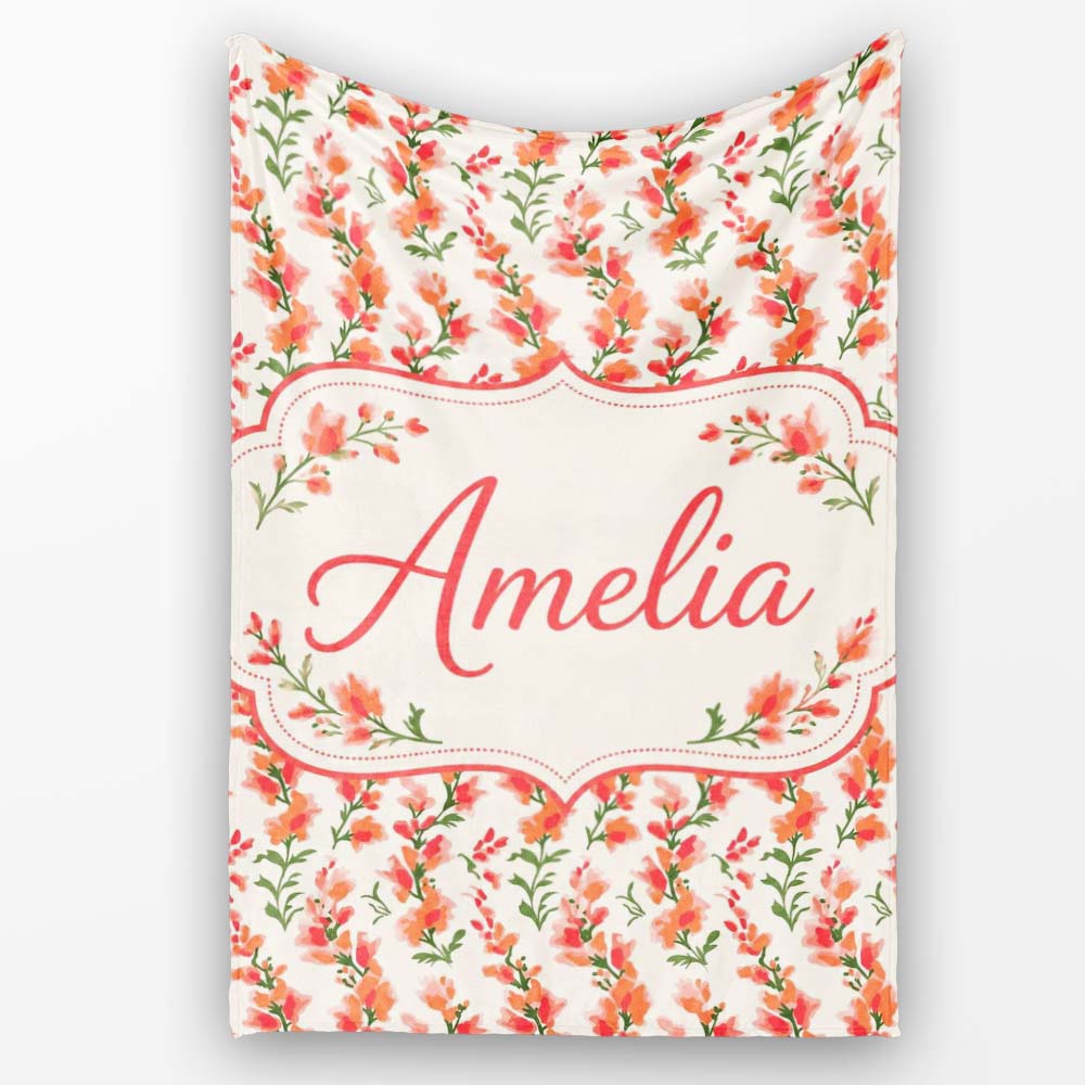 Soft Coral Orange Wildflowers on Light Background Seamless Pattern Personalised Custom Name Super Soft Fleece Blanket Bed Sofa Throw
