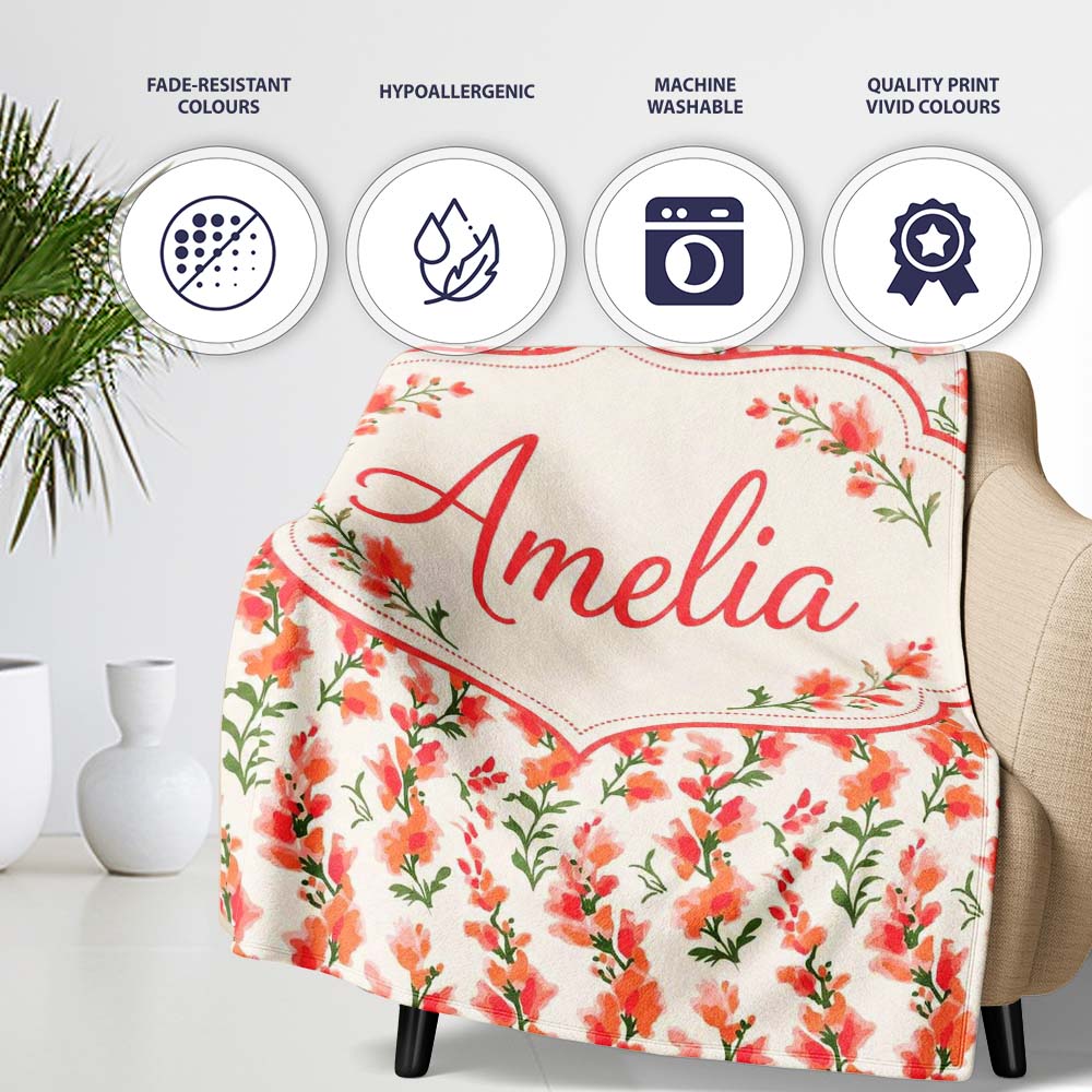 Soft Coral Orange Wildflowers on Light Background Seamless Pattern Personalised Custom Name Super Soft Fleece Blanket Bed Sofa Throw