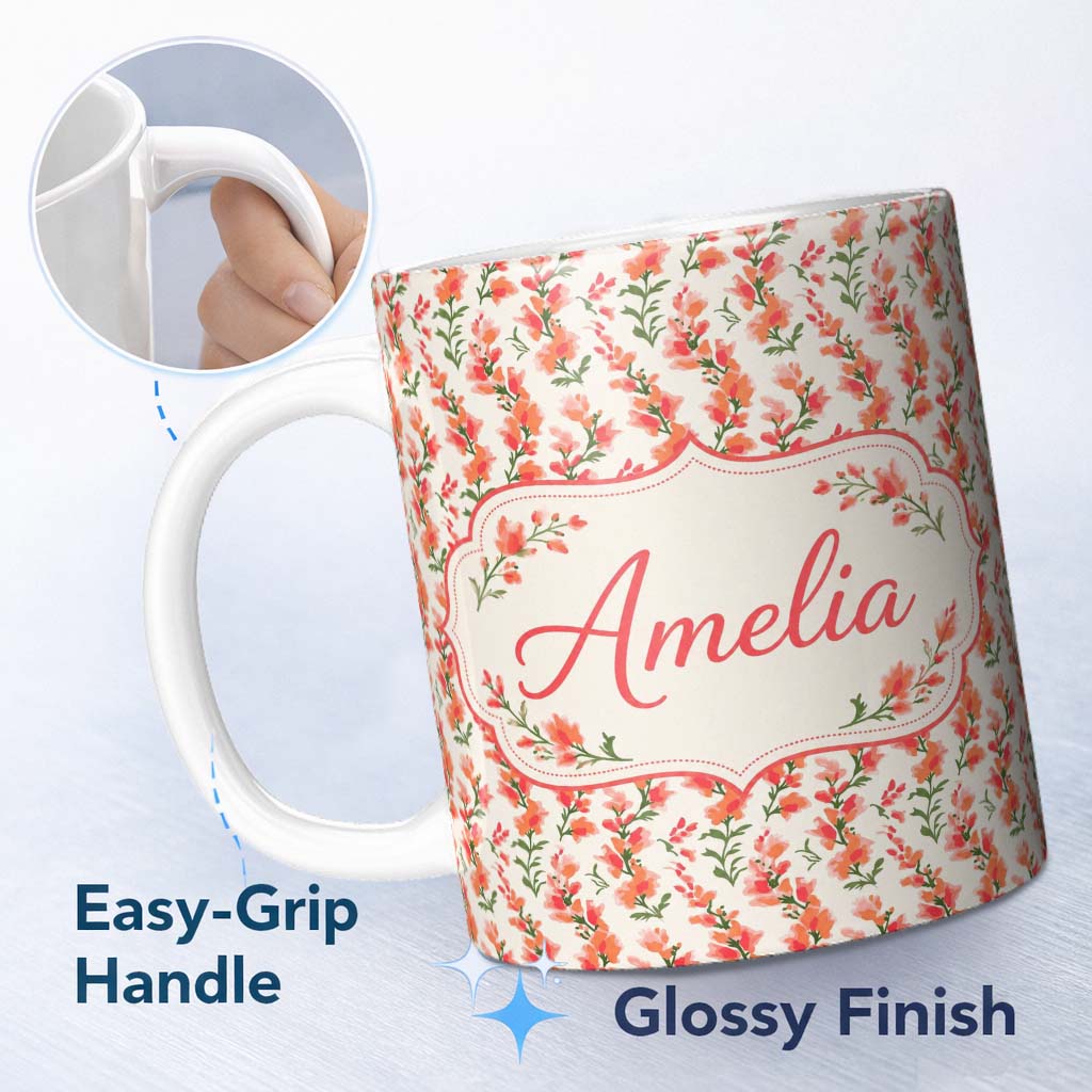 Personalized Custom Name Soft Coral Orange Wildflowers on Light Background Seamless Pattern 11oz Ceramic Coffee Tea Mug White Large Handle