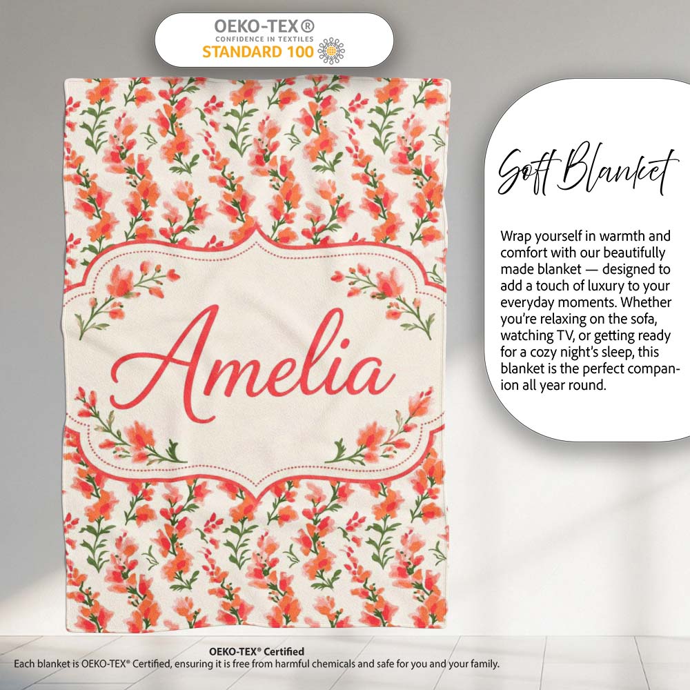 Soft Coral Orange Wildflowers on Light Background Seamless Pattern Personalised Custom Name Super Soft Fleece Blanket Bed Sofa Throw