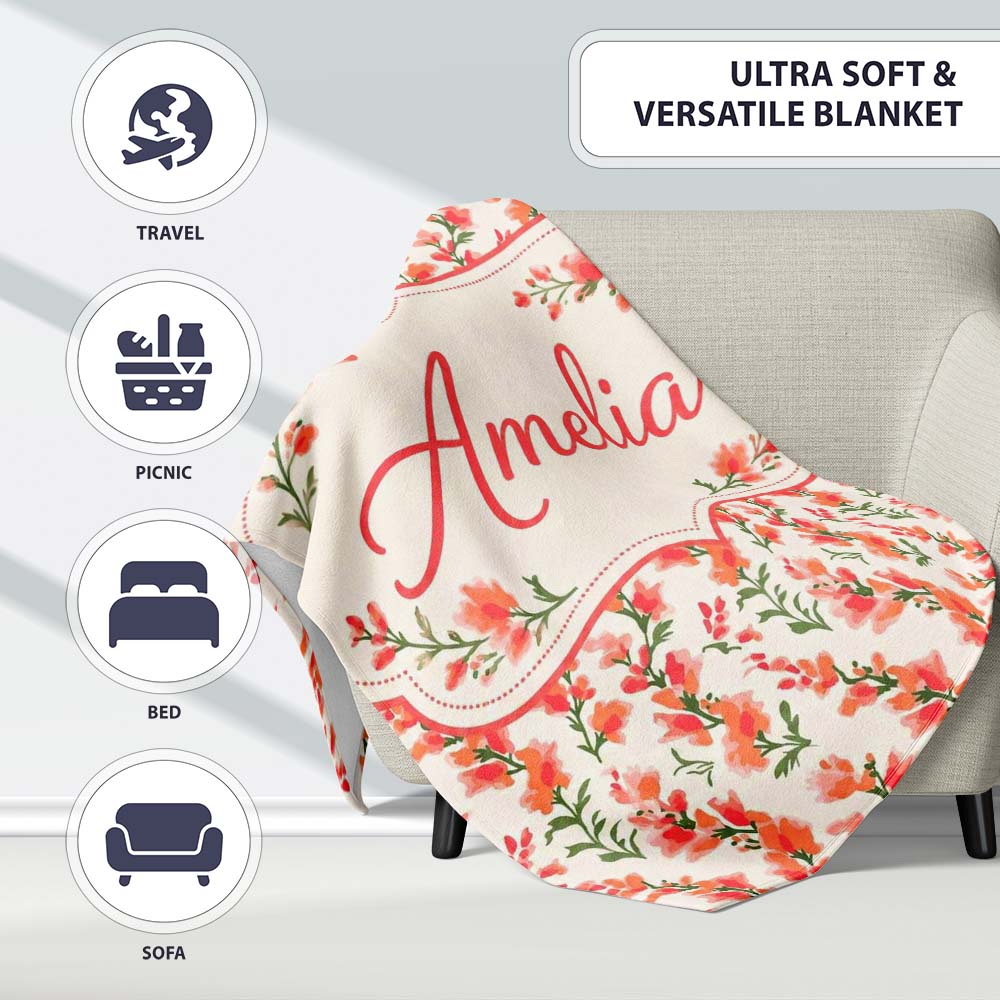 Soft Coral Orange Wildflowers on Light Background Seamless Pattern Personalised Custom Name Super Soft Fleece Blanket Bed Sofa Throw