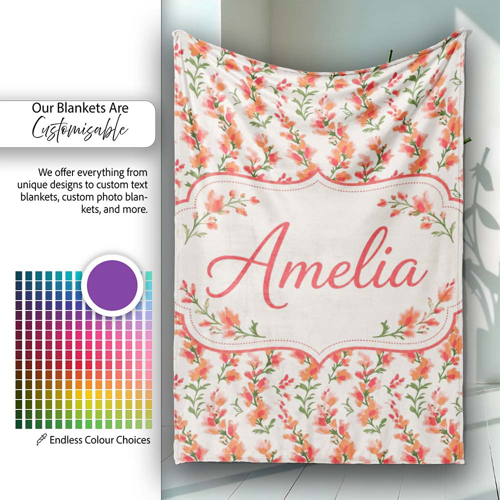 Soft Coral Orange Wildflowers on Light Background Seamless Pattern Personalised Custom Name Super Soft Fleece Blanket Bed Sofa Throw