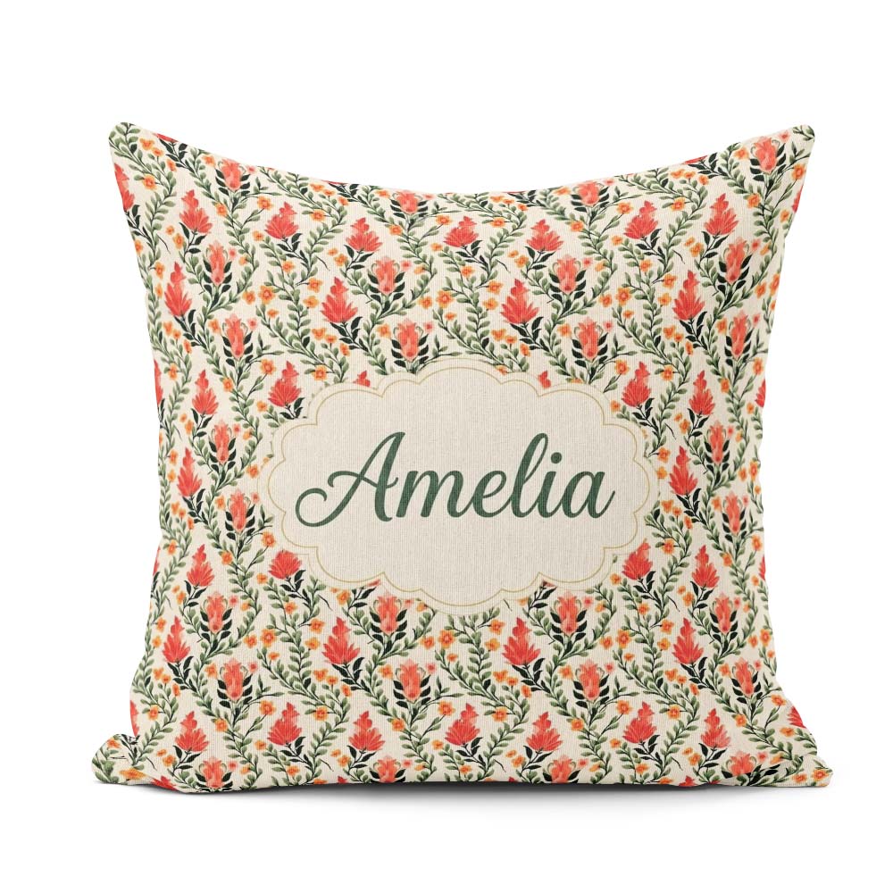 Custom Name Elegant Red Floral Vines with Small Blossoms Pattern Square Filled Cushion Throw Pillow Sofa Bed Home Decor Zip Washable UK Made