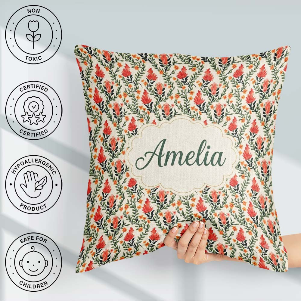 Custom Name Elegant Red Floral Vines with Small Blossoms Pattern Square Filled Cushion Throw Pillow Sofa Bed Home Decor Zip Washable UK Made