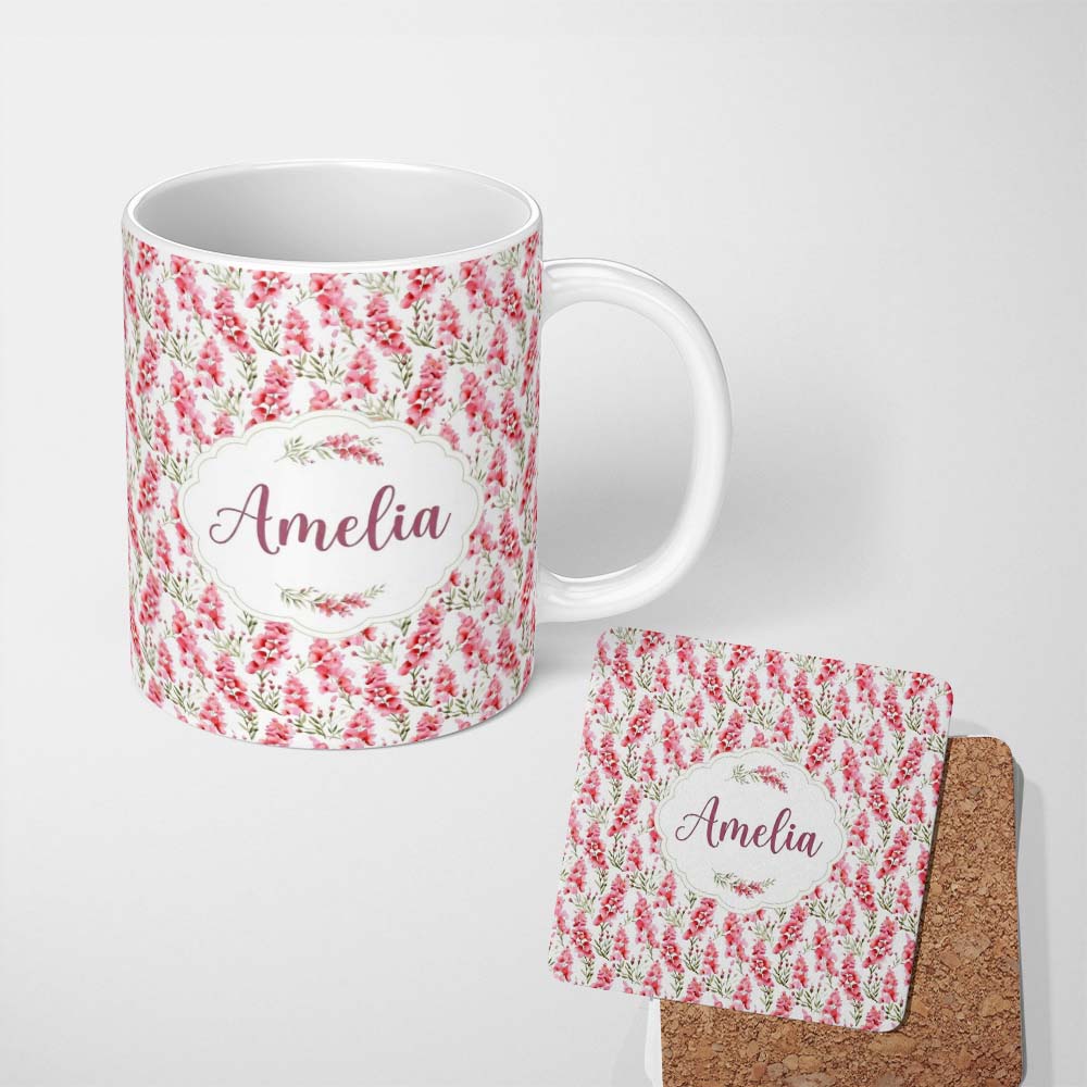 Personalized Custom Name Delicate Pink Watercolor Blossom Sprigs on Soft Background Seamless 11oz Ceramic Coffee Tea Mug White Large Handle