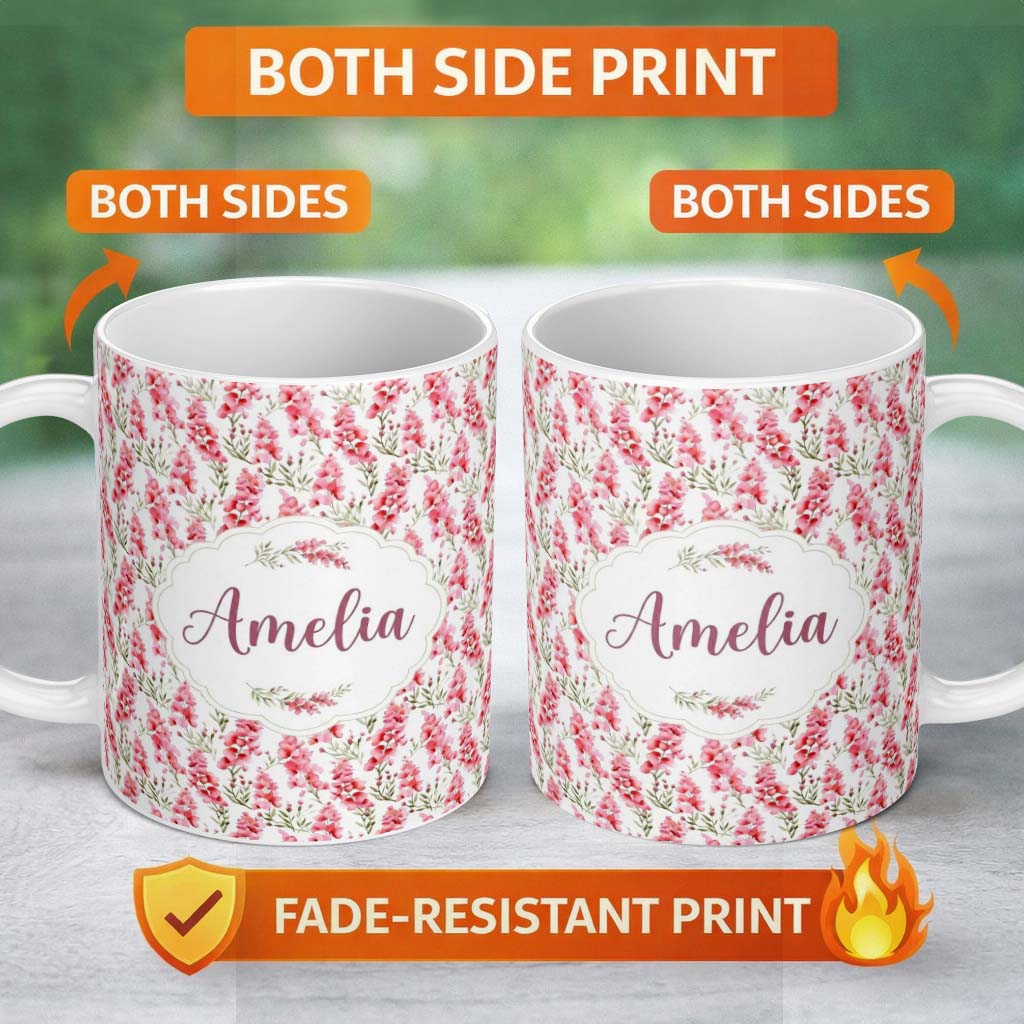 Personalized Custom Name Delicate Pink Watercolor Blossom Sprigs on Soft Background Seamless 11oz Ceramic Coffee Tea Mug White Large Handle