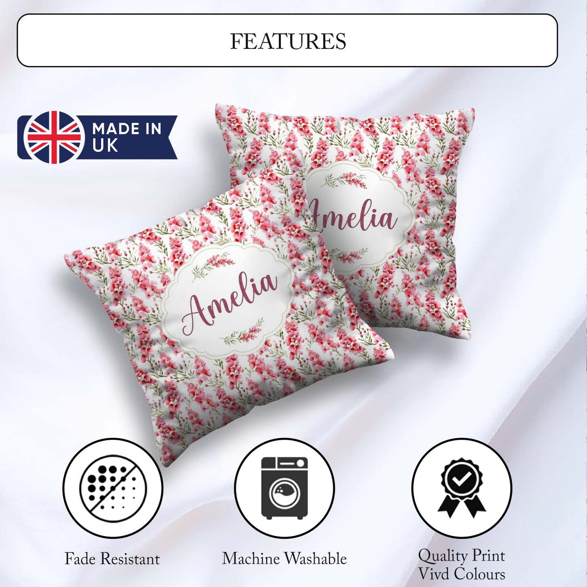 Custom Name Delicate Pink Watercolor on Soft Background Seamless Square Filled Cushion Throw Pillow Sofa Bed Home Decor Zip Washable UK Made