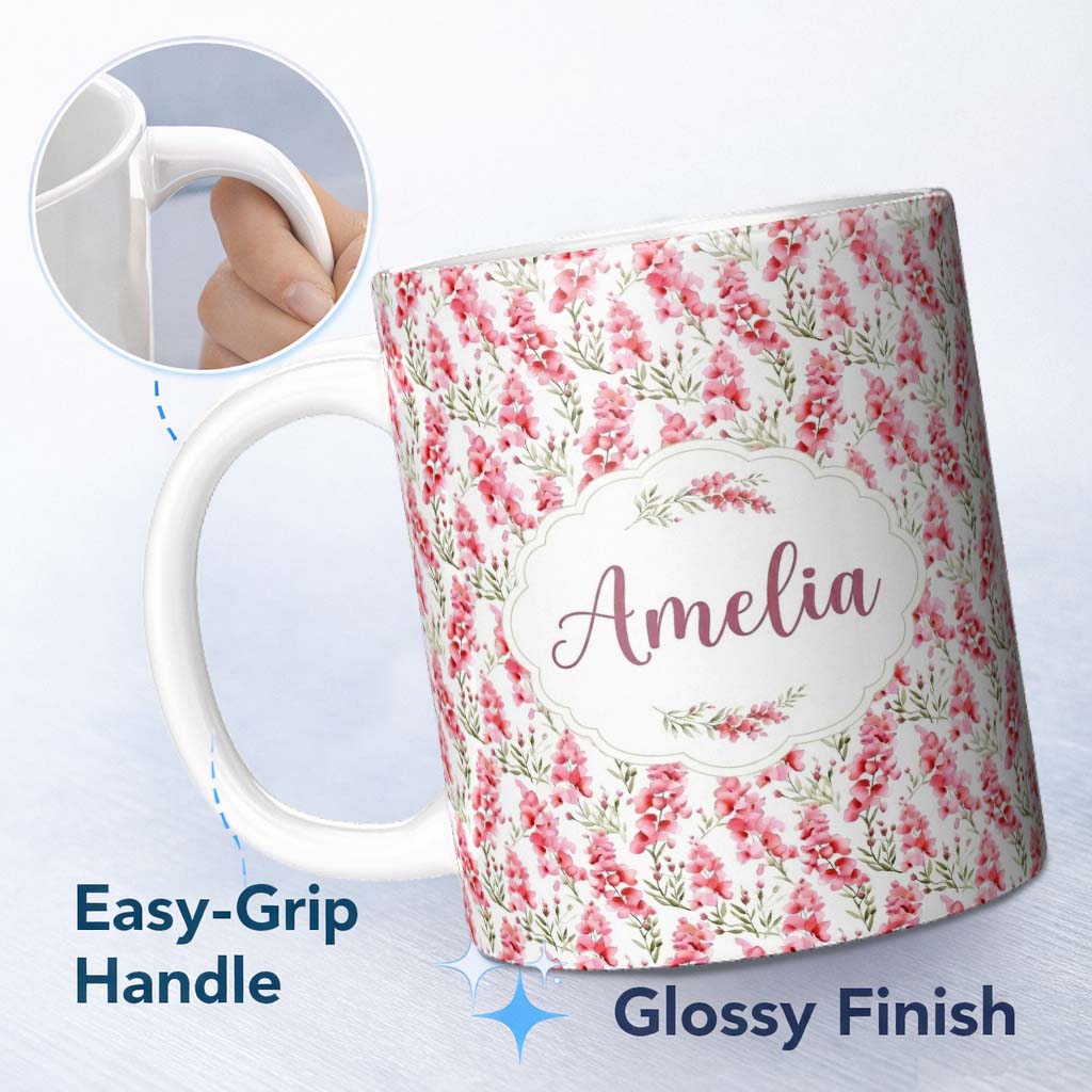 Personalized Custom Name Delicate Pink Watercolor Blossom Sprigs on Soft Background Seamless 11oz Ceramic Coffee Tea Mug White Large Handle