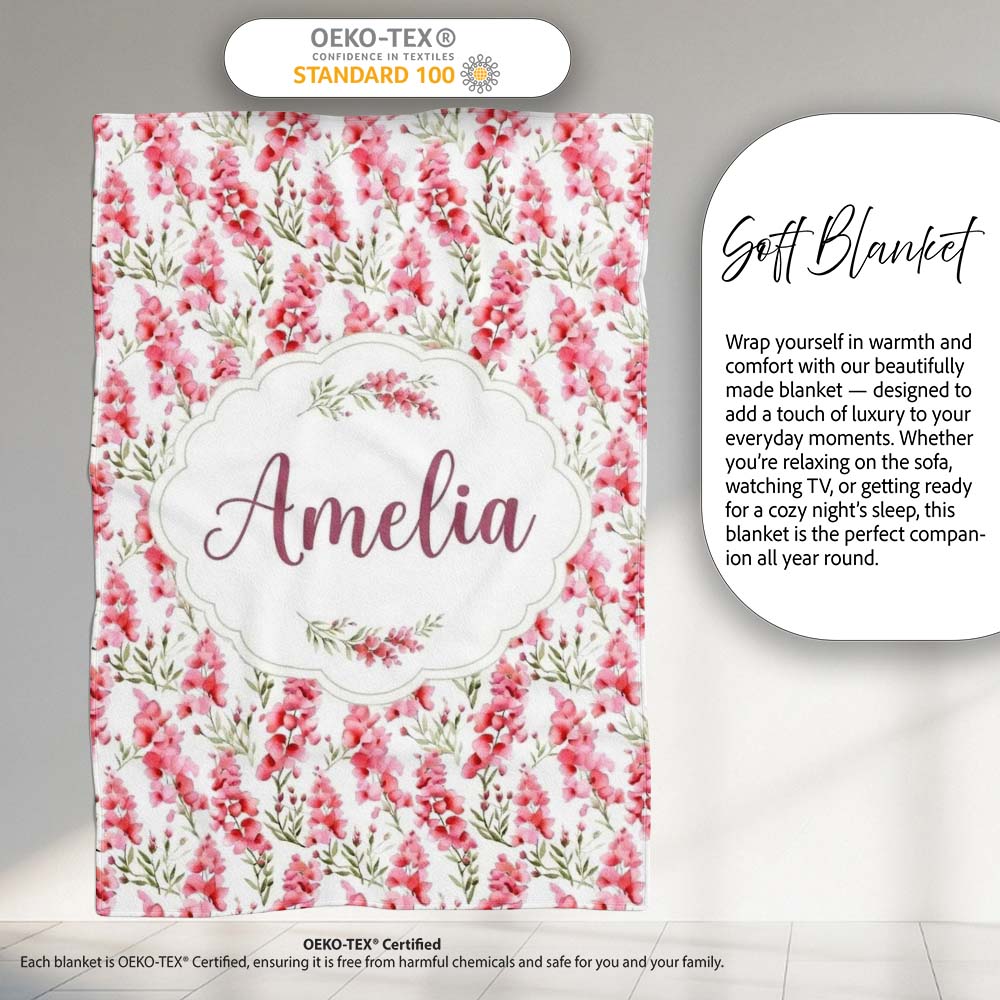 Delicate Pink Watercolor Blossom Sprigs on Soft Background Seamless Personalised Custom Name Super Soft Fleece Blanket Bed Sofa Throw