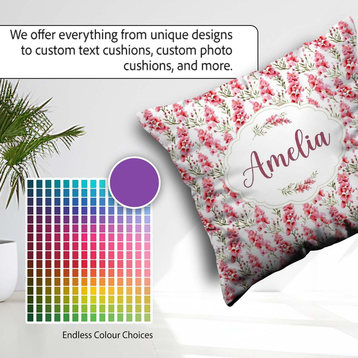 Custom Name Delicate Pink Watercolor on Soft Background Seamless Square Filled Cushion Throw Pillow Sofa Bed Home Decor Zip Washable UK Made