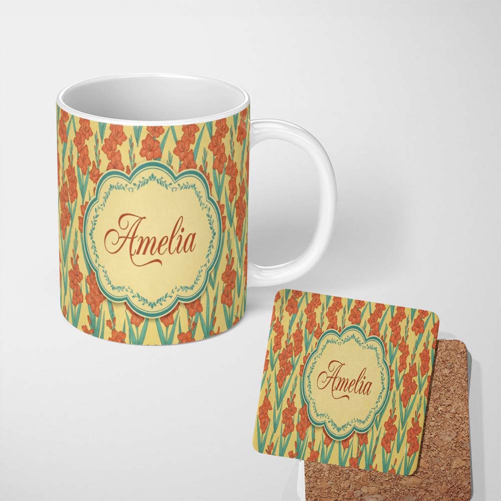 Personalized Custom Name Bold Orange Floral Blooms with Teal Leaves Seamless Pattern Name 11oz Ceramic Coffee Tea Mug White Large Handle