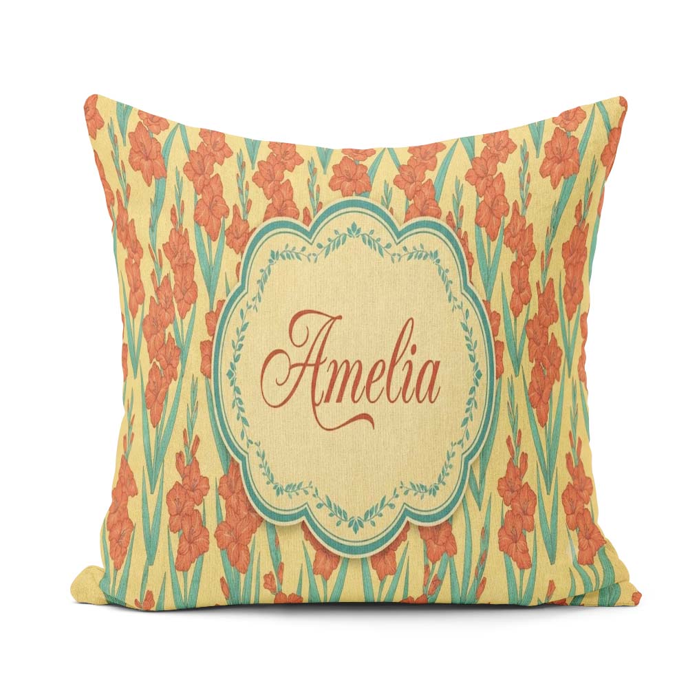Custom Name Bold Orange Floral Blooms with Teal Seamless Pattern Square Filled Cushion Throw Pillow Sofa Bed Home Decor Zip Washable UK Made