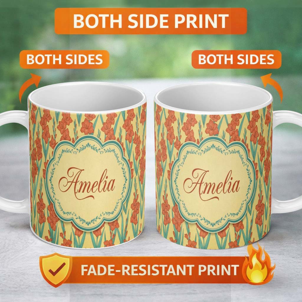 Personalized Custom Name Bold Orange Floral Blooms with Teal Leaves Seamless Pattern Name 11oz Ceramic Coffee Tea Mug White Large Handle