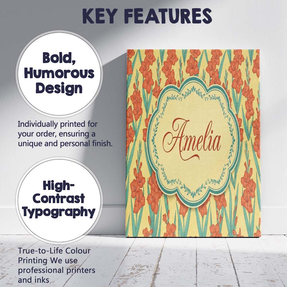 Personalised Name Bold Orange Floral Blooms Custom Bespoke Interior Contemporary Canvas Wall Art Print Decor Picture Ready to Hang