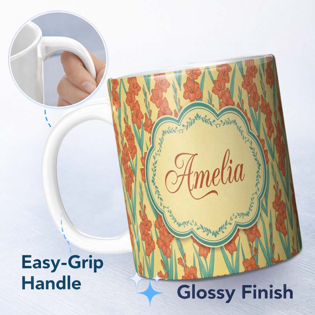 Personalized Custom Name Bold Orange Floral Blooms with Teal Leaves Seamless Pattern Name 11oz Ceramic Coffee Tea Mug White Large Handle