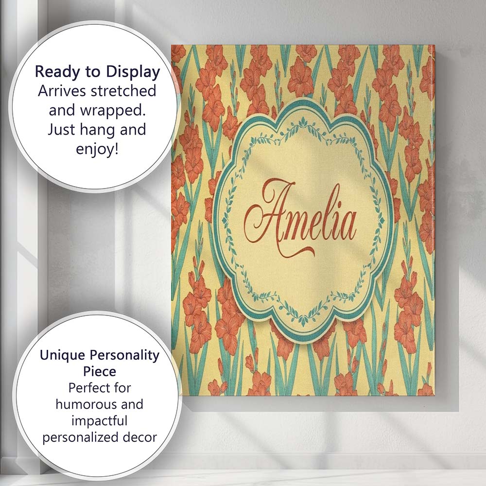 Personalised Name Bold Orange Floral Blooms Custom Bespoke Interior Contemporary Canvas Wall Art Print Decor Picture Ready to Hang