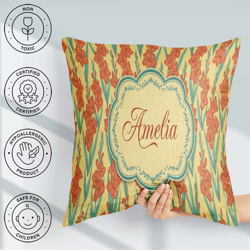 Custom Name Bold Orange Floral Blooms with Teal Seamless Pattern Square Filled Cushion Throw Pillow Sofa Bed Home Decor Zip Washable UK Made