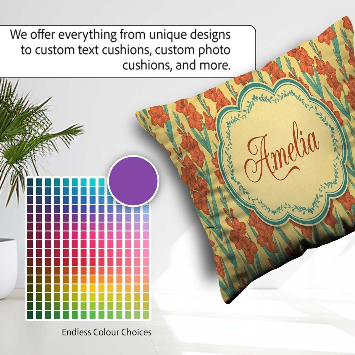 Custom Name Bold Orange Floral Blooms with Teal Seamless Pattern Square Filled Cushion Throw Pillow Sofa Bed Home Decor Zip Washable UK Made