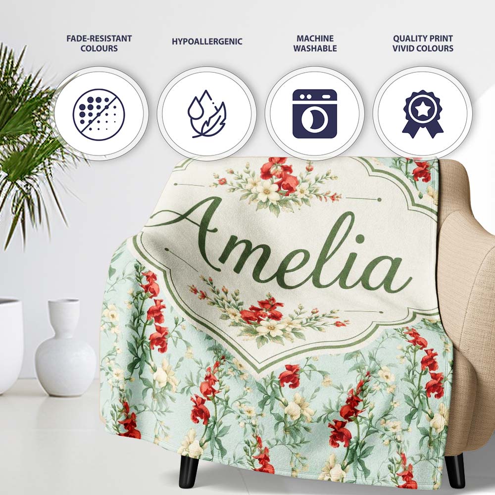 Vintage Red and Cream Floral Vines on Pastel Blue Seamless Pattern Personalised Custom Name Super Soft Fleece Blanket Bed Sofa Throw