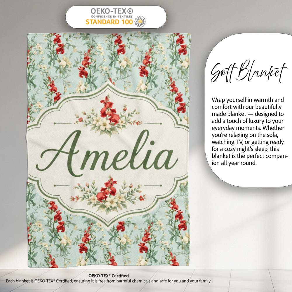 Vintage Red and Cream Floral Vines on Pastel Blue Seamless Pattern Personalised Custom Name Super Soft Fleece Blanket Bed Sofa Throw