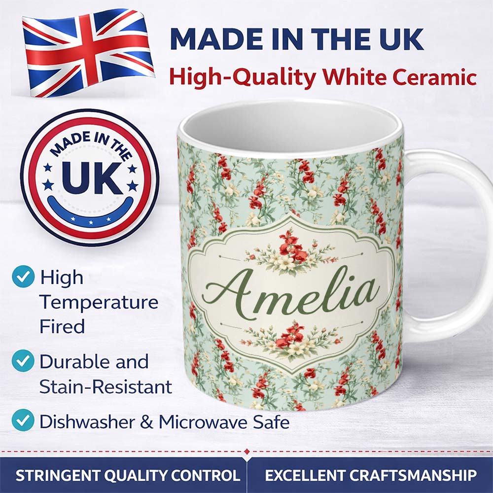 Personalized Custom Name Vintage Red and Cream Floral Vines on Pastel Blue Seamless Pattern 11oz Ceramic Coffee Tea Mug White Large Handle