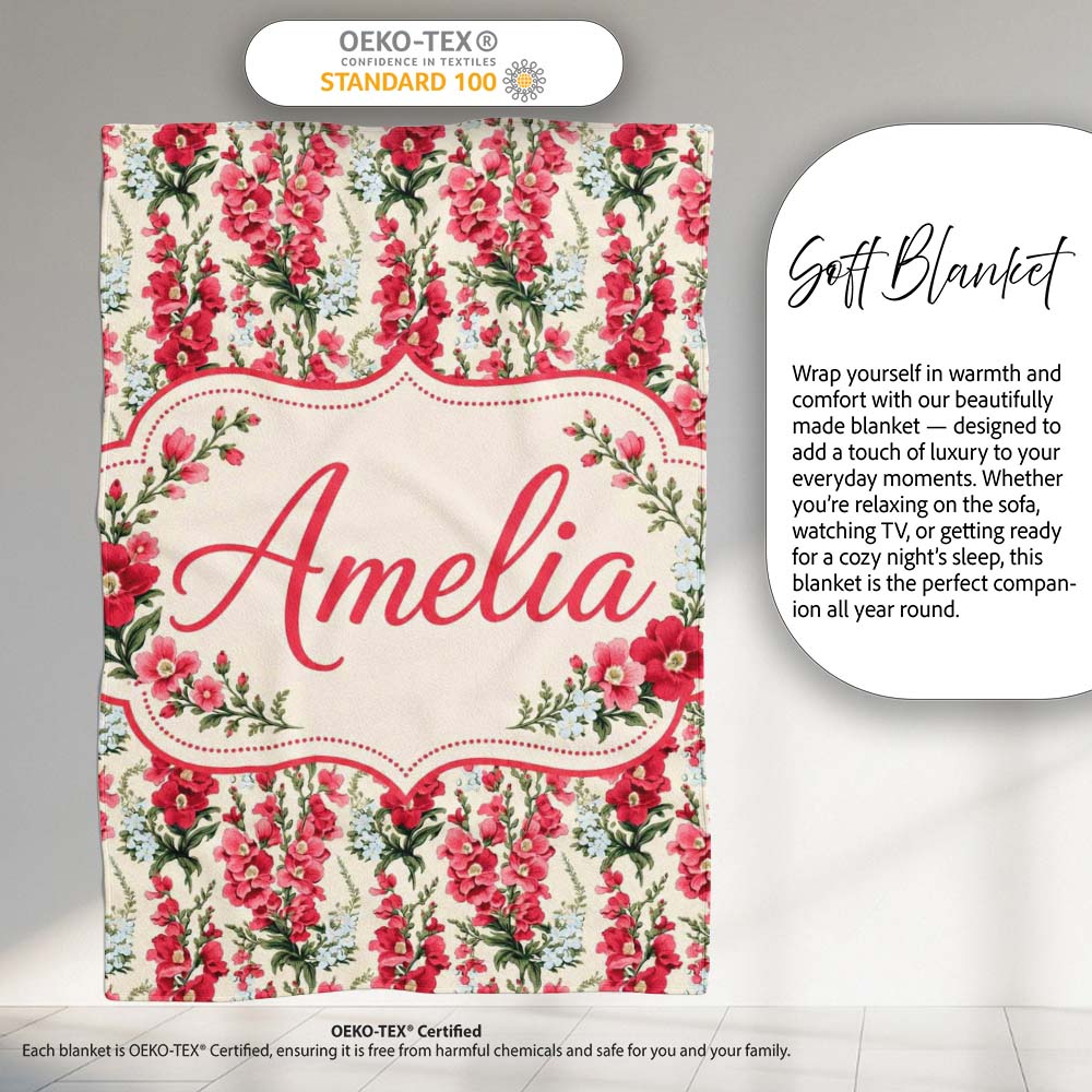 Classic Pink and Red Garden Flowers on Neutral Background Seamless Personalised Custom Name Super Soft Fleece Blanket Bed Sofa Throw