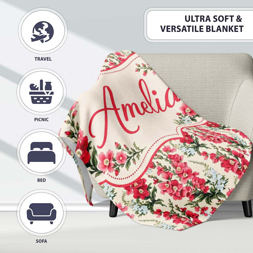 Classic Pink and Red Garden Flowers on Neutral Background Seamless Personalised Custom Name Super Soft Fleece Blanket Bed Sofa Throw