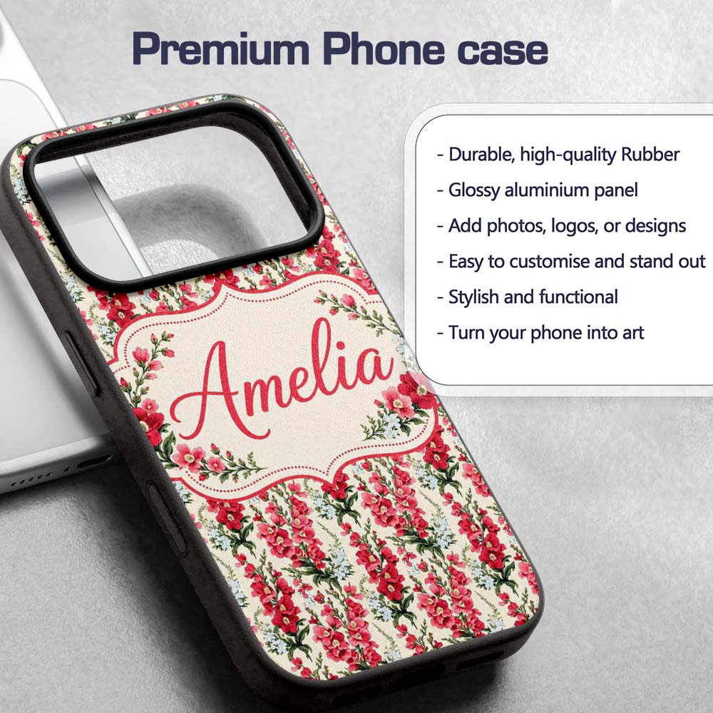 Classic Pink and Red Garden Flowers on Neutral Custom Name Protective Phone Case Mobile Cover Durable Everyday Smartphone Shock Resistant