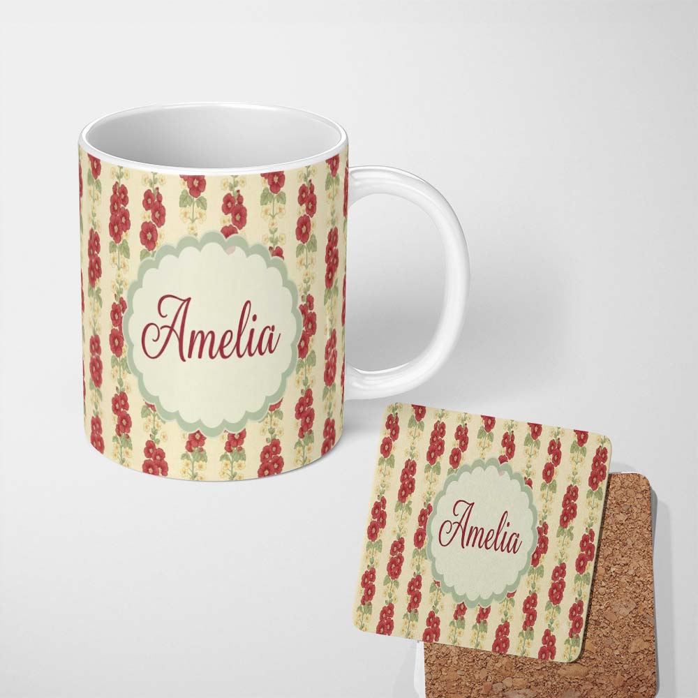 Personalized Custom Name Vintage Red Floral Stems with Cream Blossoms Seamless Pattern Name 11oz Ceramic Coffee Tea Mug White Large Handle
