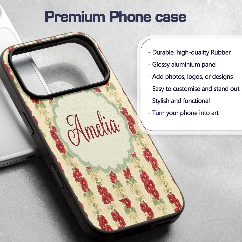 Vintage Red Floral Stems with Cream Blossoms Custom Name Protective Phone Case Mobile Cover Durable Everyday Smartphone Shock Resistant