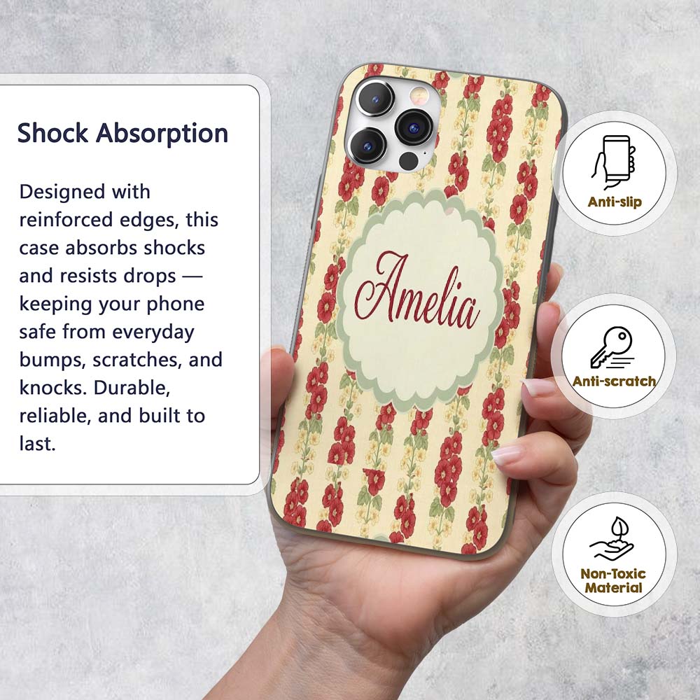 Vintage Red Floral Stems with Cream Blossoms Custom Name Protective Phone Case Mobile Cover Durable Everyday Smartphone Shock Resistant