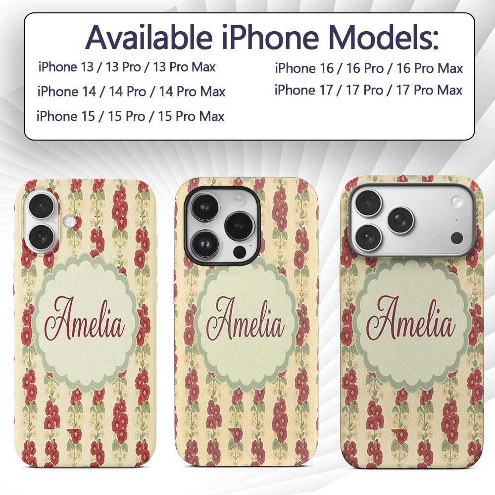 Vintage Red Floral Stems with Cream Blossoms Custom Name Protective Phone Case Mobile Cover Durable Everyday Smartphone Shock Resistant