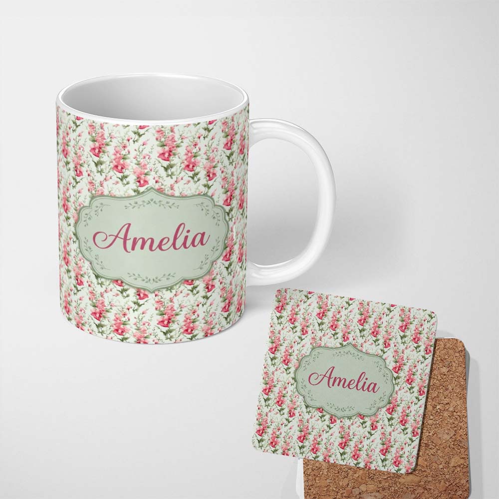 Personalized Custom Name Soft Pink Floral Sprigs with Green Leaves Seamless Pattern Name Cute 11oz Ceramic Coffee Tea Mug White Large Handle