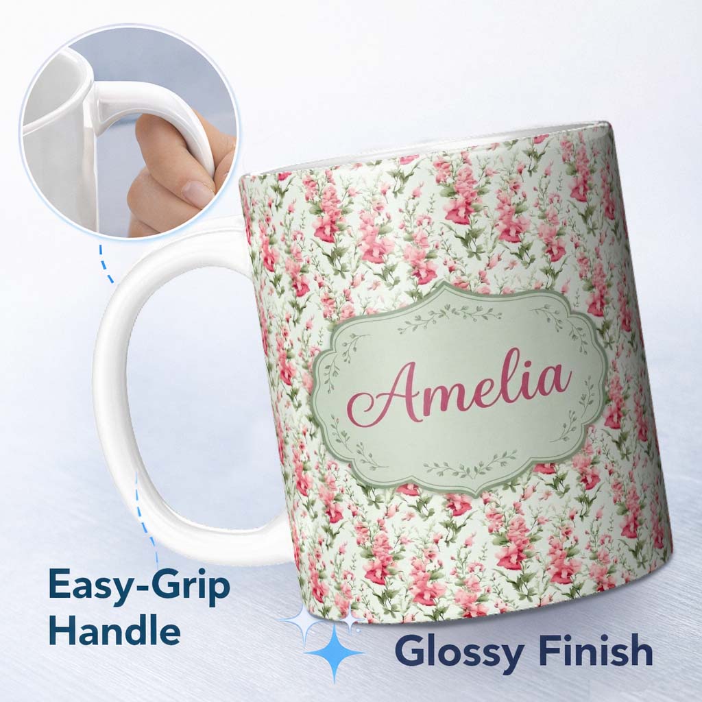 Personalized Custom Name Soft Pink Floral Sprigs with Green Leaves Seamless Pattern Name Cute 11oz Ceramic Coffee Tea Mug White Large Handle